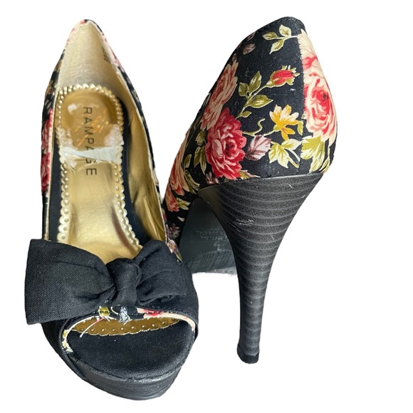 Rampage Womens 7 Black Pink Floral Print Stiletto High Heels Peep Toe Bow Shoe - Picture 3 of 13